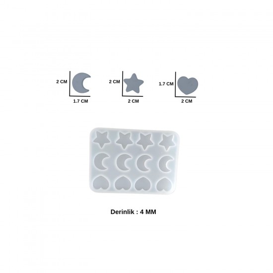 Silikon Kalıp 3 Farklı Şekil Kalp Yıldız ve Hilal Model Mum Sabun ve Taş Tozu Kalıbı 2 CM 12 li