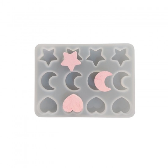 Silikon Kalıp 3 Farklı Şekil Kalp Yıldız ve Hilal Model Mum Sabun ve Taş Tozu Kalıbı 3 CM 12 li