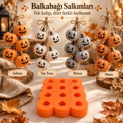 Silikon Kalıp 12’li 3 D Mini Balkabağı – Sabun, Mum, Taş Tozu ve Beton Yapımı İçin Cadılar Bayramı Temalı Silikon Kalıp 12’li 3 D Mini Balkabağı – Sabun, Mum, Taş Tozu ve Beton Yapımı İçin Cadılar Bayramı Temalı