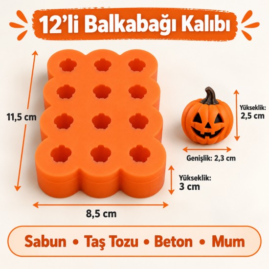 Silikon Kalıp 12’li 3 D Mini Balkabağı – Sabun, Mum, Taş Tozu ve Beton Yapımı İçin Cadılar Bayramı Temalı Silikon Kalıp 12’li 3 D Mini Balkabağı – Sabun, Mum, Taş Tozu ve Beton Yapımı İçin Cadılar Bayramı Temalı