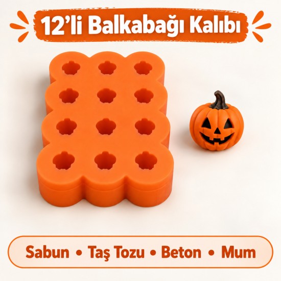Silikon Kalıp 12’li 3 D Mini Balkabağı – Sabun, Mum, Taş Tozu ve Beton Yapımı İçin Cadılar Bayramı Temalı Silikon Kalıp 12’li 3 D Mini Balkabağı – Sabun, Mum, Taş Tozu ve Beton Yapımı İçin Cadılar Bayramı Temalı