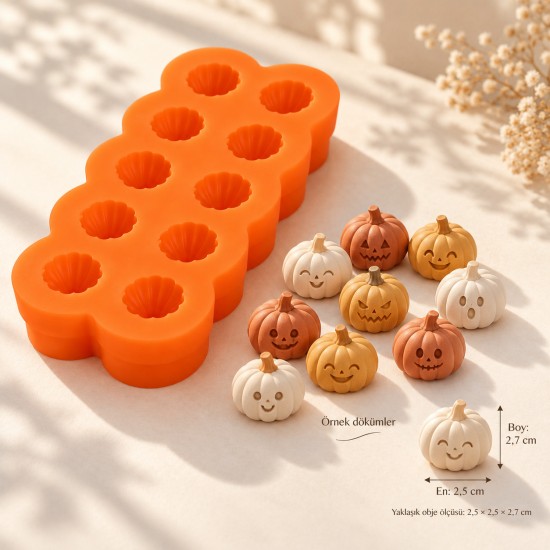 Cadılar Bayramı (Halloween) 10 Farklı Yüz İfadeli Mini Balkabağı Silikon Kalıp – Sabun, Mum, Taş Tozu ve Beton Kalıbı Cadılar Bayramı (Halloween) 10 Farklı Yüz İfadeli Mini Balkabağı Silikon Kalıp – Sabun, Mum, Taş Tozu ve Beton Kalıbı