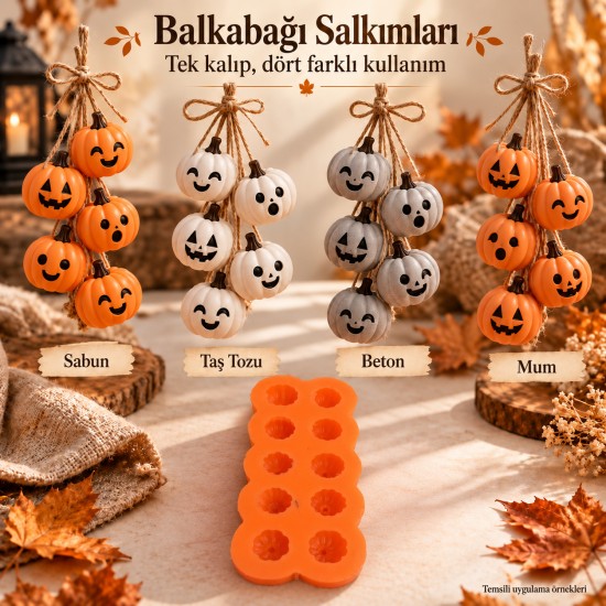 Cadılar Bayramı (Halloween) 10 Farklı Yüz İfadeli Mini Balkabağı Silikon Kalıp – Sabun, Mum, Taş Tozu ve Beton Kalıbı Cadılar Bayramı (Halloween) 10 Farklı Yüz İfadeli Mini Balkabağı Silikon Kalıp – Sabun, Mum, Taş Tozu ve Beton Kalıbı