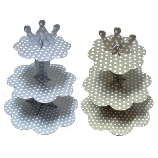 3 Katlı Karton Cupcake Standı Kral Taçlı Puantiyeli Kek Standı 3 Katlı Karton Cupcake Standı Kral Taçlı Puantiyeli Kek Standı