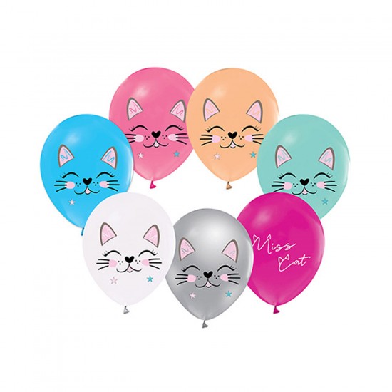 Miss Cat Temalı Pastel Balon Kedi Baskılı Karışık Renk (20 Adet)