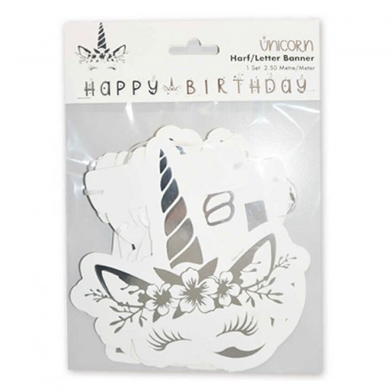 Unicorn Temalı Flama  Bayrak Seti Happy Birthday Yazılı 250 CM