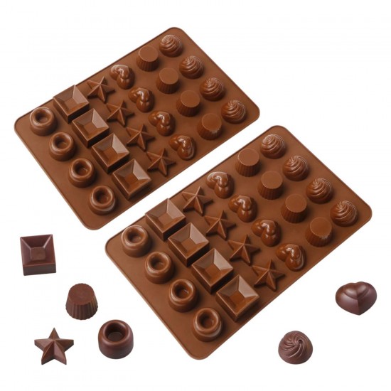 Silikon Çoklu Yıldız Kare Kalp Desenli Çikolata Kalıbı 24 Lü