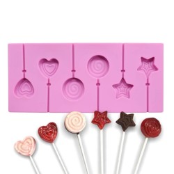 Silikon Yıldız Kalp ve Daire Şeklinde Şeker Lolipop Kalıbı 6 Lı